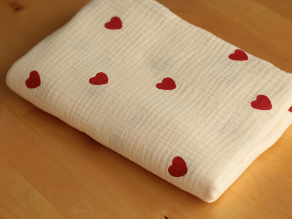Manou - Double gaze de coton BIO exclusif écru à motif coeurs Tissus issus de l'agriculture biologique  - 6
