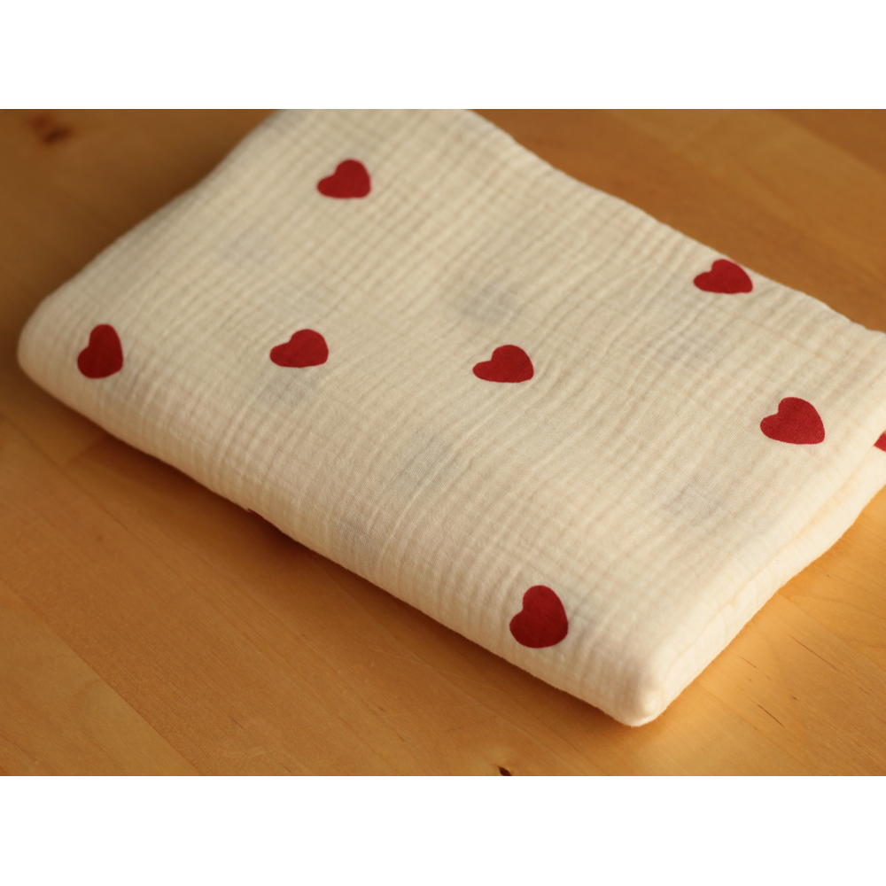 Manou - Double gaze de coton BIO exclusif écru à motif coeurs Tissus issus de l'agriculture biologique  - 6