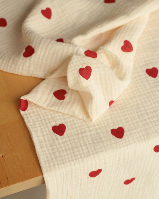 Manou - Double gaze de coton BIO exclusif écru à motif coeurs Tissus issus de l'agriculture biologique  - 7
