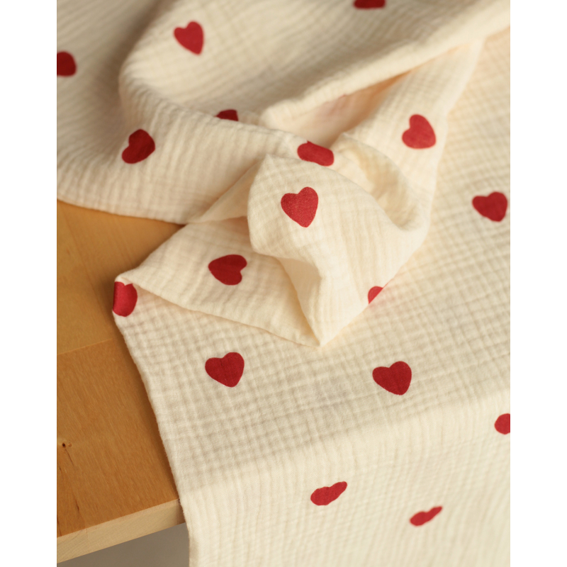 Manou - Double gaze de coton BIO exclusif écru à motif coeurs Tissus issus de l'agriculture biologique  - 7