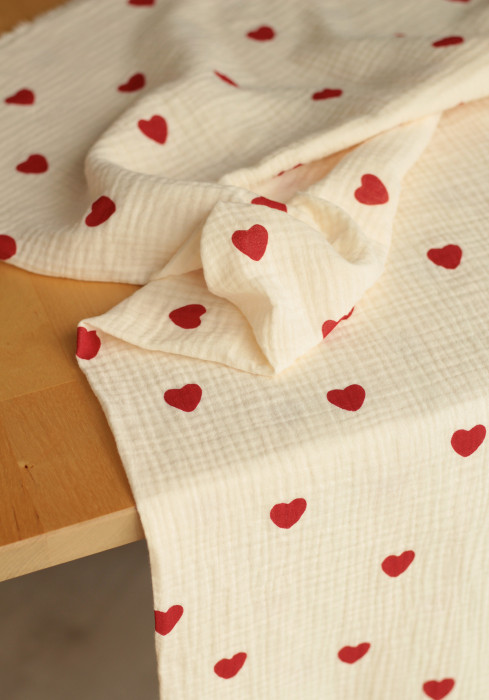 Manou - Double gaze de coton BIO exclusif écru à motif coeurs Tissus issus de l'agriculture biologique  - 8