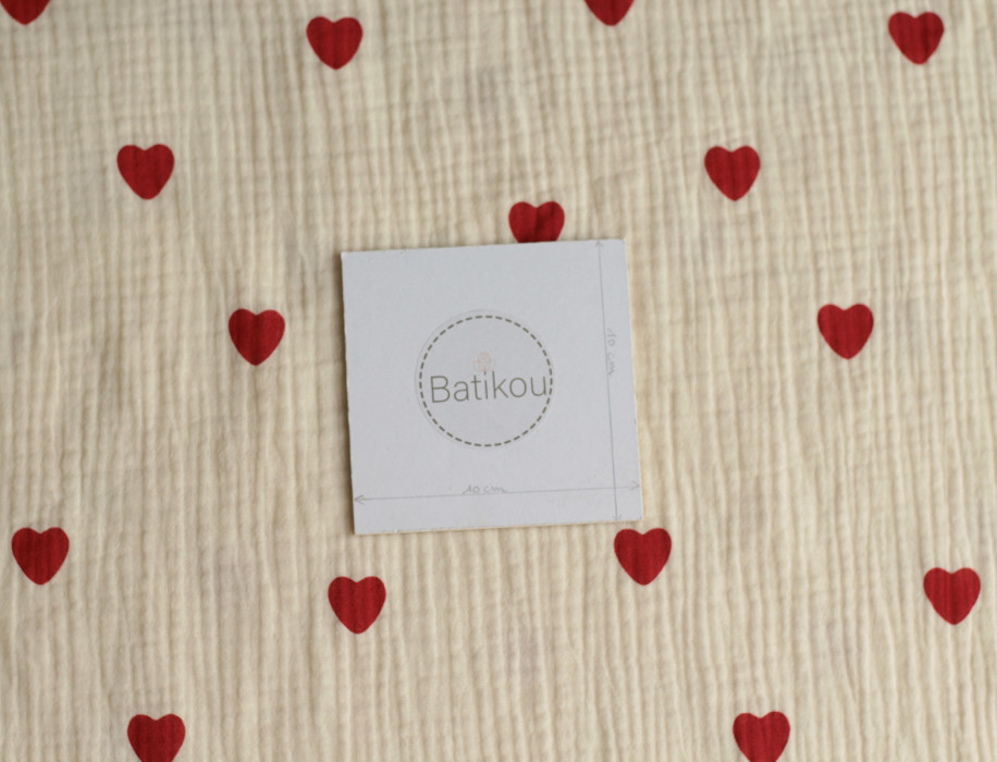 Manou - Double gaze de coton BIO exclusif écru à motif coeurs Tissus issus de l'agriculture biologique  - 10