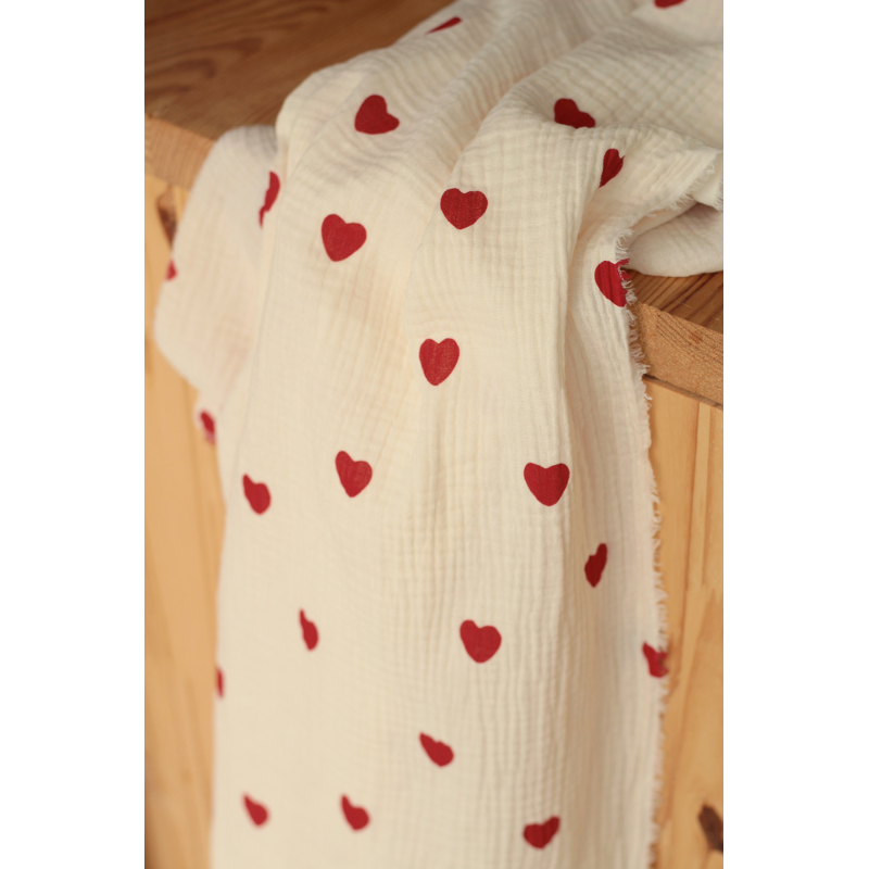 Manou - Double gaze de coton BIO exclusif écru à motif coeurs Tissus issus de l'agriculture biologique  - 13