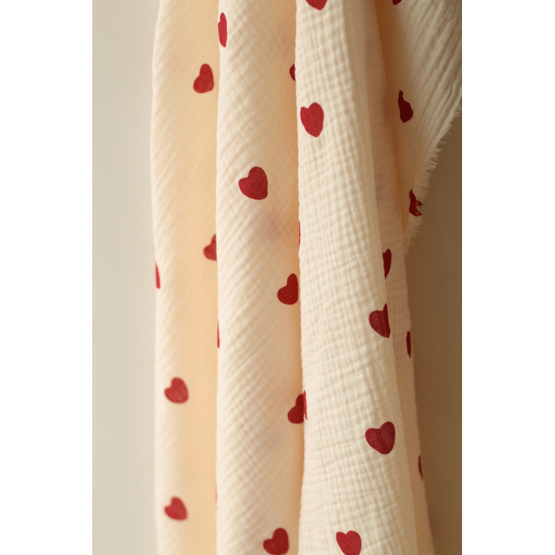 Manou - Double gaze de coton BIO exclusif écru à motif coeurs Tissus issus de l'agriculture biologique  - 14