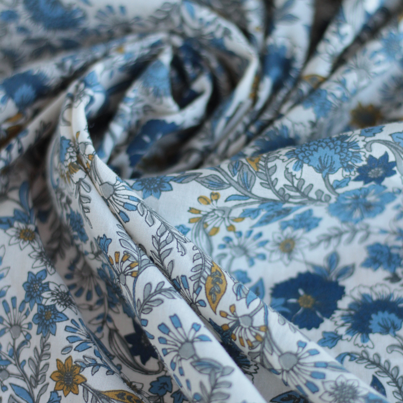 Tissu indien coton hand block traditionnel beige et bleu Batikou - 3