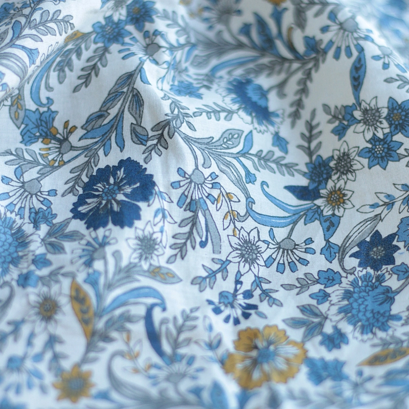 Tissu indien coton hand block traditionnel beige et bleu Batikou - 4