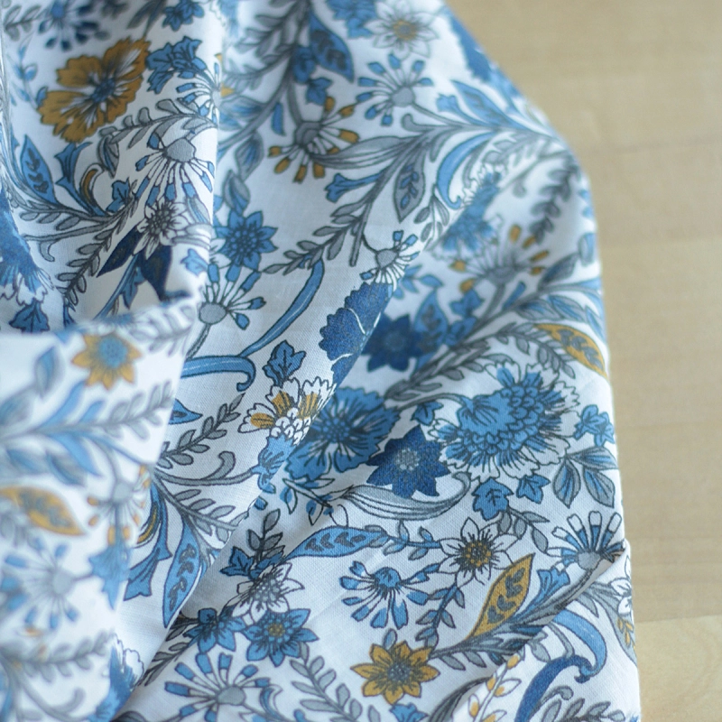 Tissu indien coton hand block traditionnel beige et bleu Batikou - 5