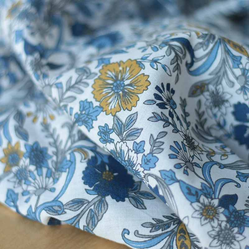 Tissu indien coton hand block traditionnel beige et bleu Batikou - 2