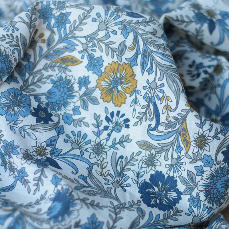 Tissu indien coton hand block traditionnel beige et bleu Batikou - 6