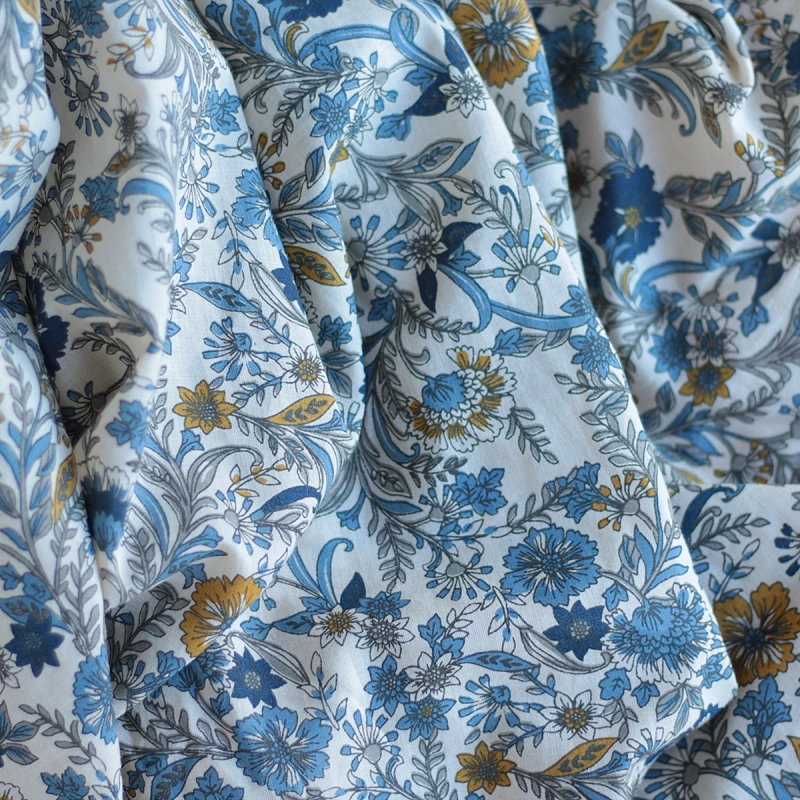 Tissu indien coton hand block traditionnel beige et bleu Batikou - 1