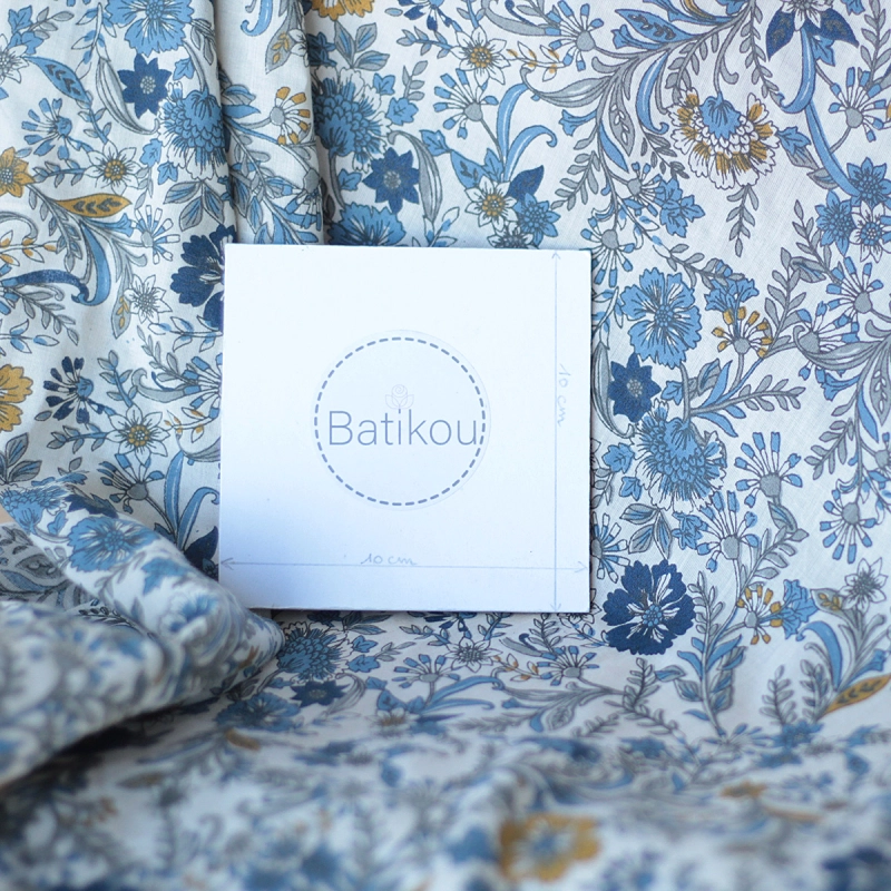 Tissu indien coton hand block traditionnel beige et bleu Batikou - 7