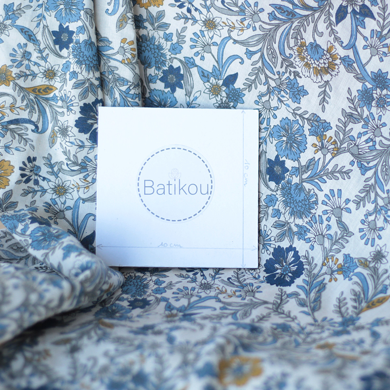 Tissu indien coton hand block traditionnel beige et bleu Batikou - 7