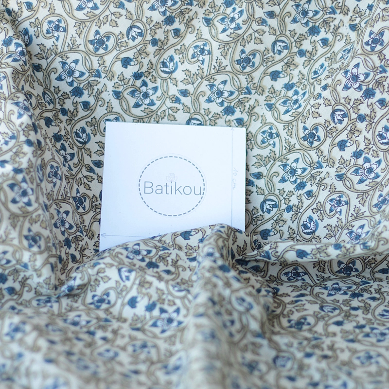 Tissu indien coton hand block traditionnel beige et bleu Batikou - 3