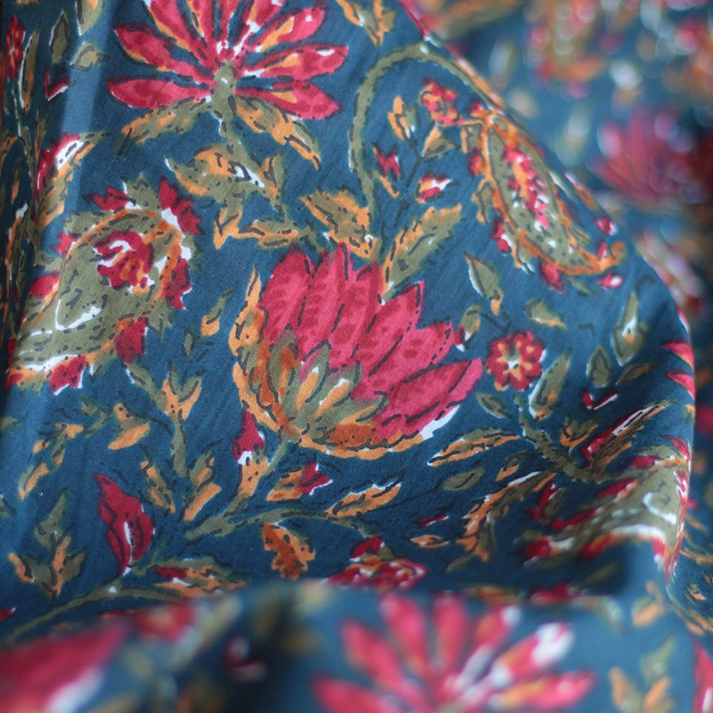 Tissu indien coton hand block traditionnel bleu marine Batikou - 2