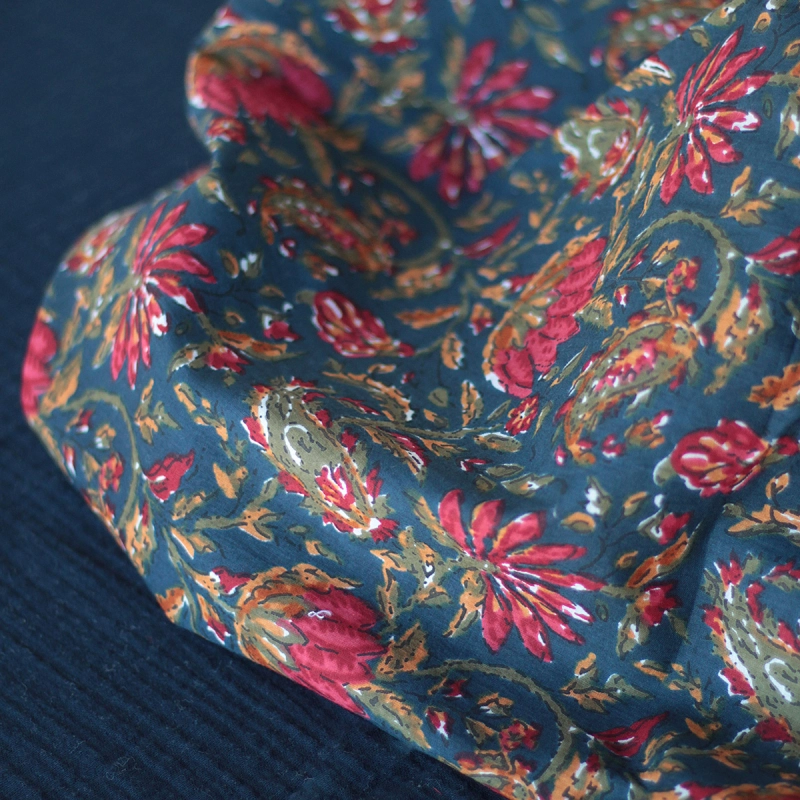 Tissu indien coton hand block traditionnel bleu marine Batikou - 1