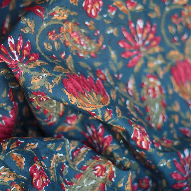 Tissu indien coton hand block traditionnel bleu marine Batikou - 4