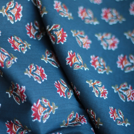 Tissu indien coton hand block traditionnel bleu marine Batikou - 1 Tissu indien coton hand block traditionnel bleu marine Batikou - 1