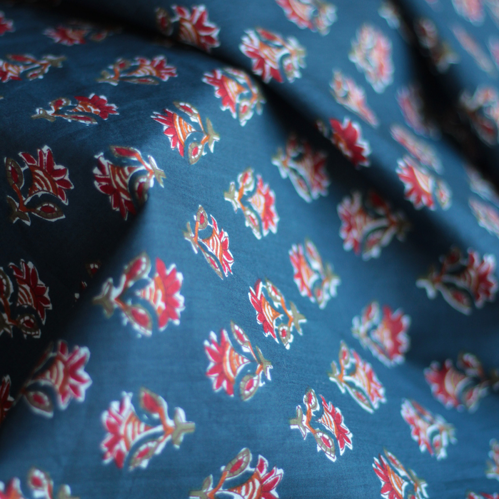 Tissu indien coton hand block traditionnel bleu marine Batikou - 3