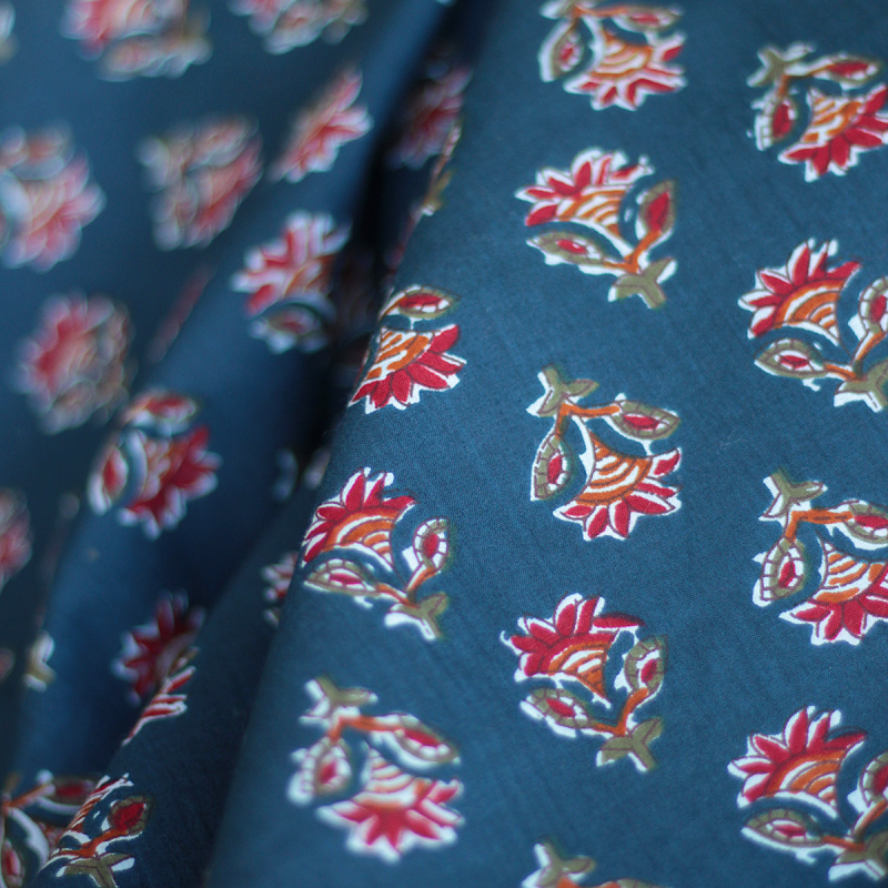 Tissu indien coton hand block traditionnel bleu marine Batikou - 4