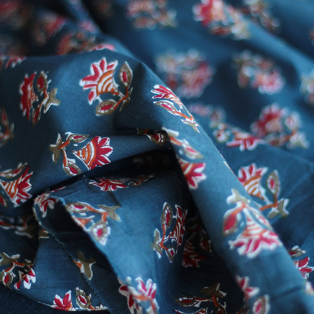 Tissu indien coton hand block traditionnel bleu marine Batikou - 5