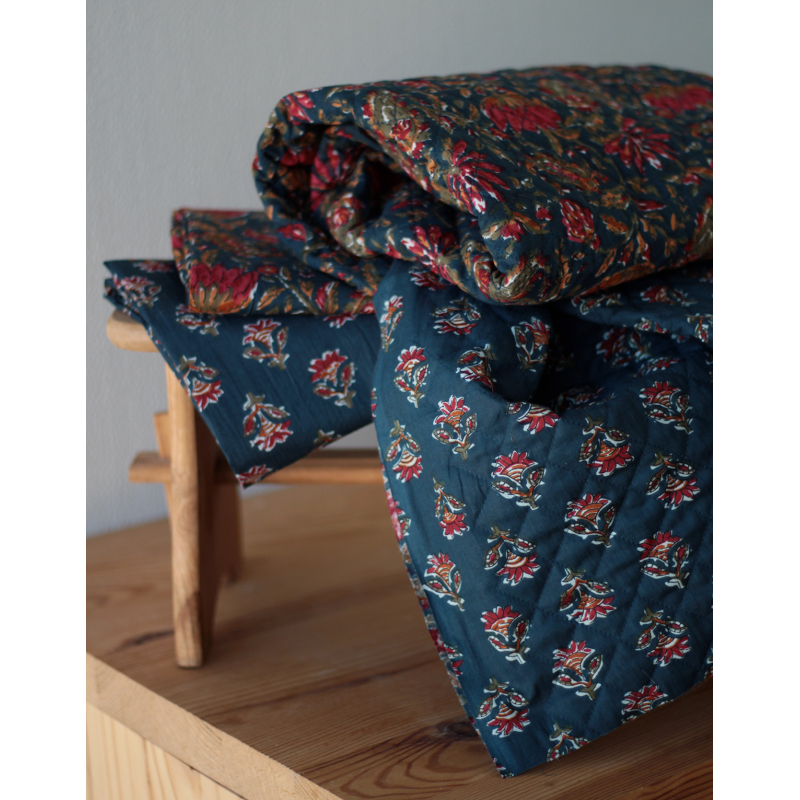 Tissu indien coton hand block traditionnel bleu marine Batikou - 9