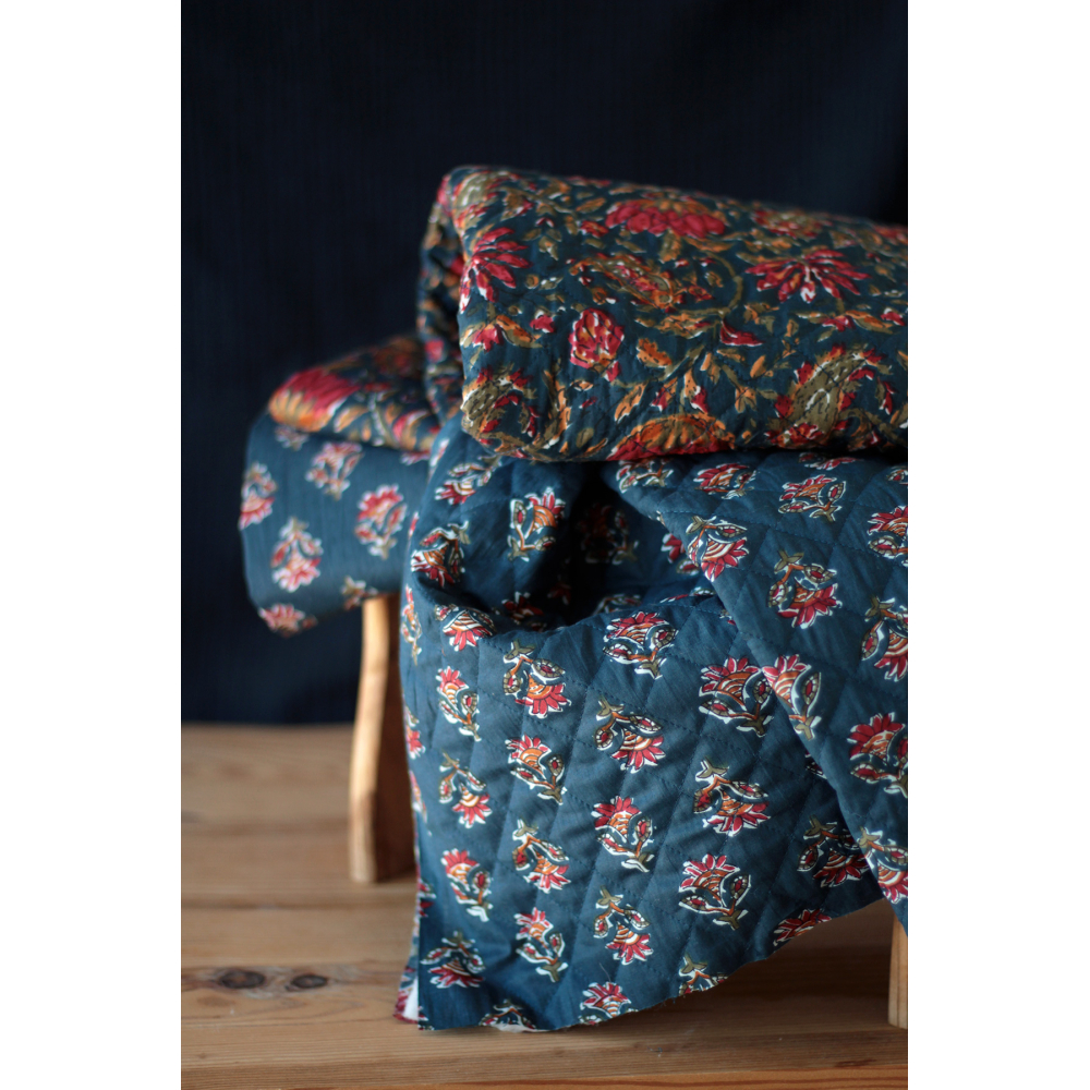 Tissu indien coton hand block traditionnel bleu marine Batikou - 7