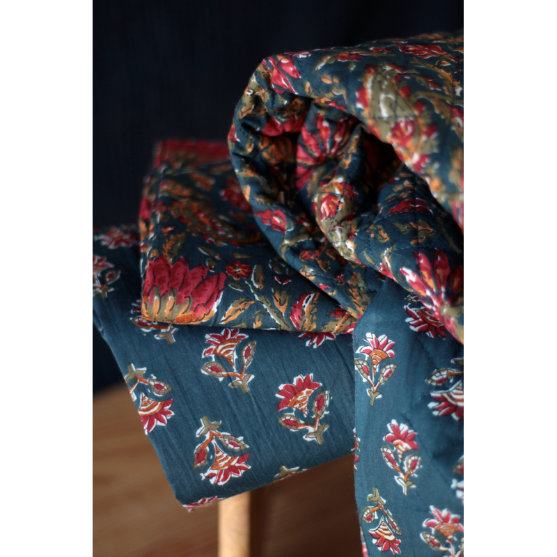 Tissu indien coton hand block traditionnel bleu marine Batikou - 8