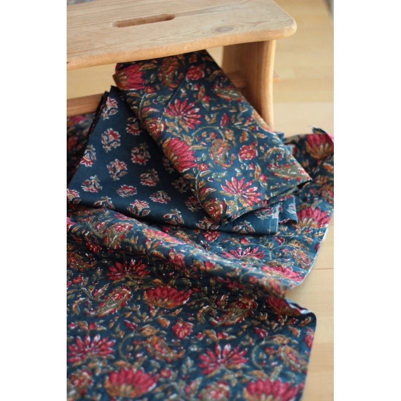 Tissu indien coton hand block traditionnel bleu marine Batikou - 9