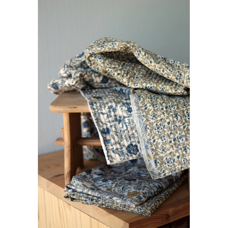 Tissu indien coton hand block traditionnel beige et bleu Batikou - 5