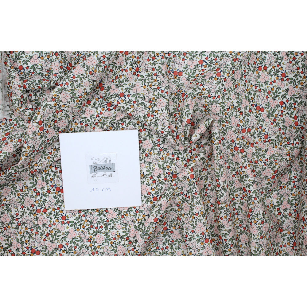 Batiste de coton SILKYNE imprimé fleuri kaki rose