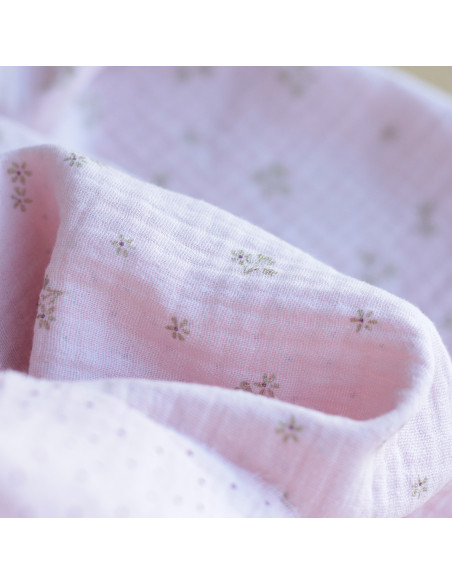 copy of Cherry - Double gaze de coton double face coloris blanc cerises et quadrillage bleu