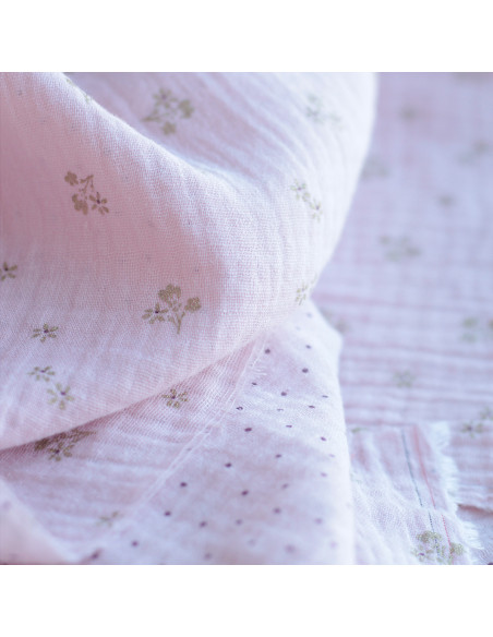 copy of Cherry - Double gaze de coton double face coloris blanc cerises et quadrillage bleu