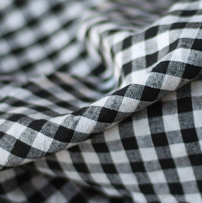 Alphonse - Seersucker / Lin et Coton gaufré vichy 7mm noir et écru