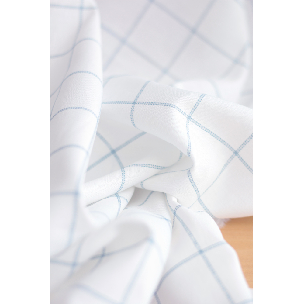 Tissu lin coton fond blanc lait quadrillage bleu horizon