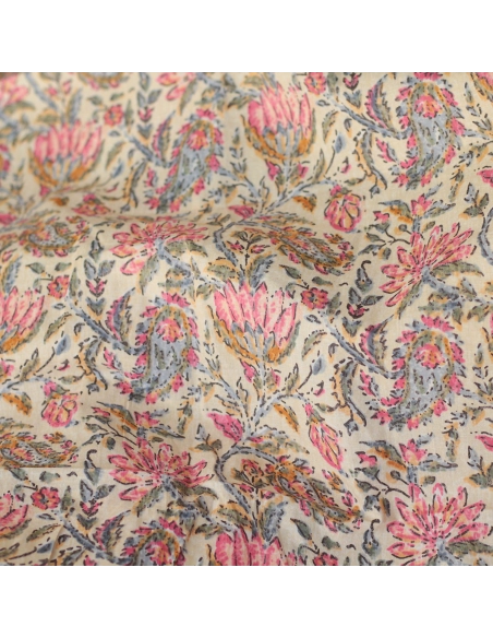 Tissu indien coton hand block traditionnel écru et touches roses