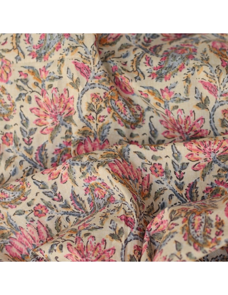 Tissu indien coton hand block traditionnel écru et touches roses