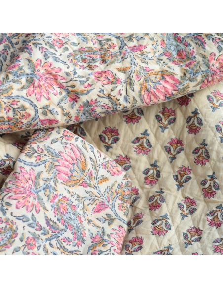 Tissu indien coton hand block traditionnel écru et touches roses
