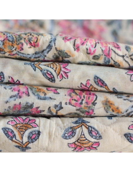 Tissu indien coton hand block traditionnel écru et touches roses