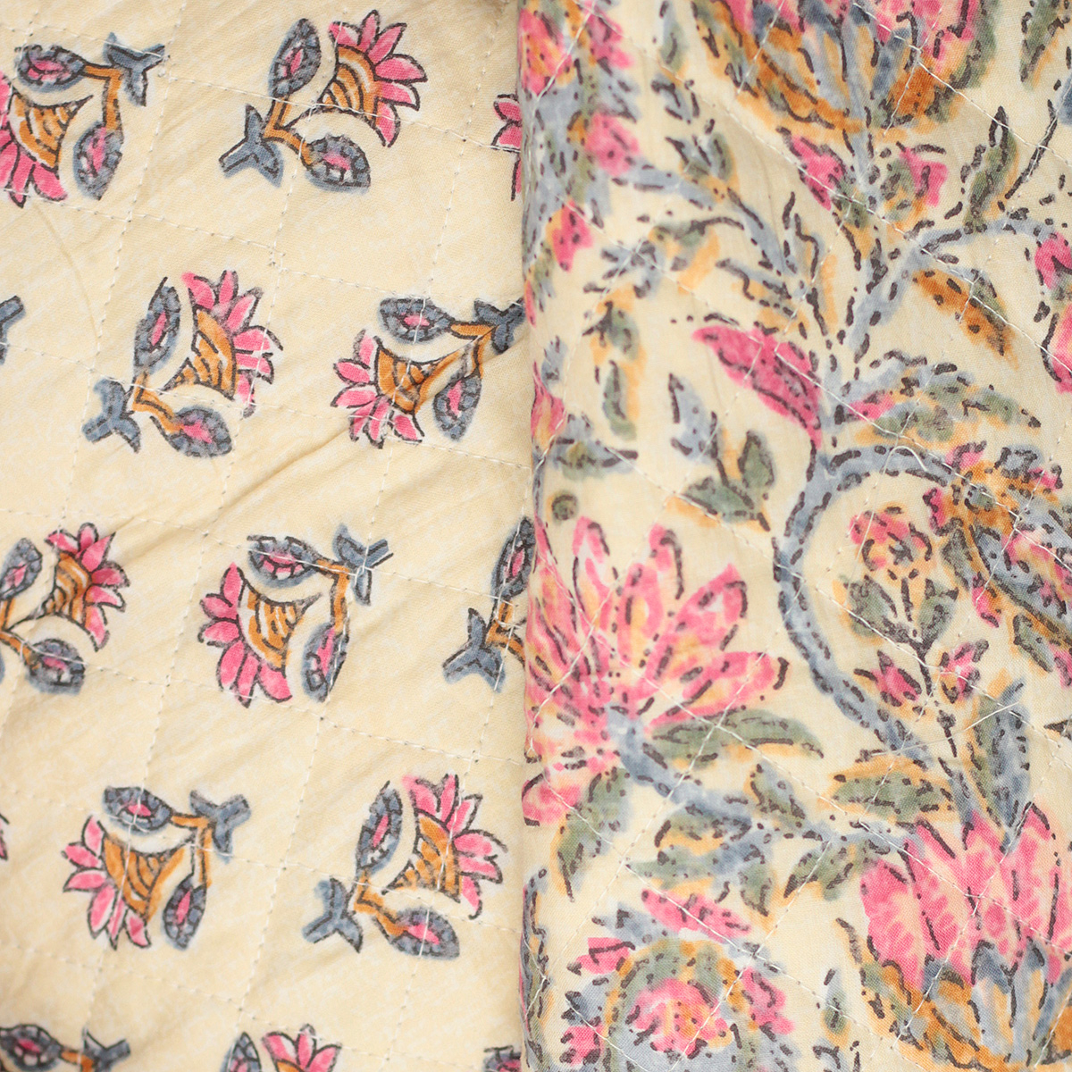 Misha - Tissu indien matelassé double face hand block écru et rose
