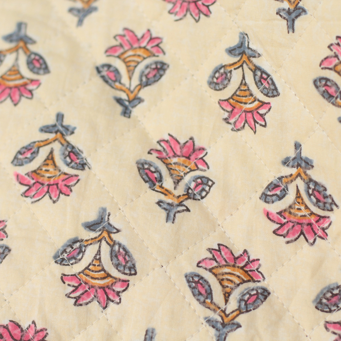 Misha - Tissu indien matelassé double face hand block écru et rose