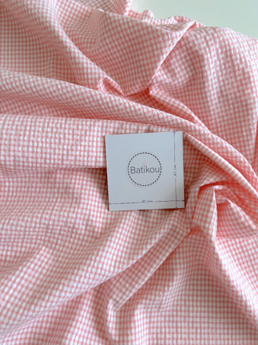 Seersucker / Coton gaufré vichy mini 3mm rose malabar / blanc