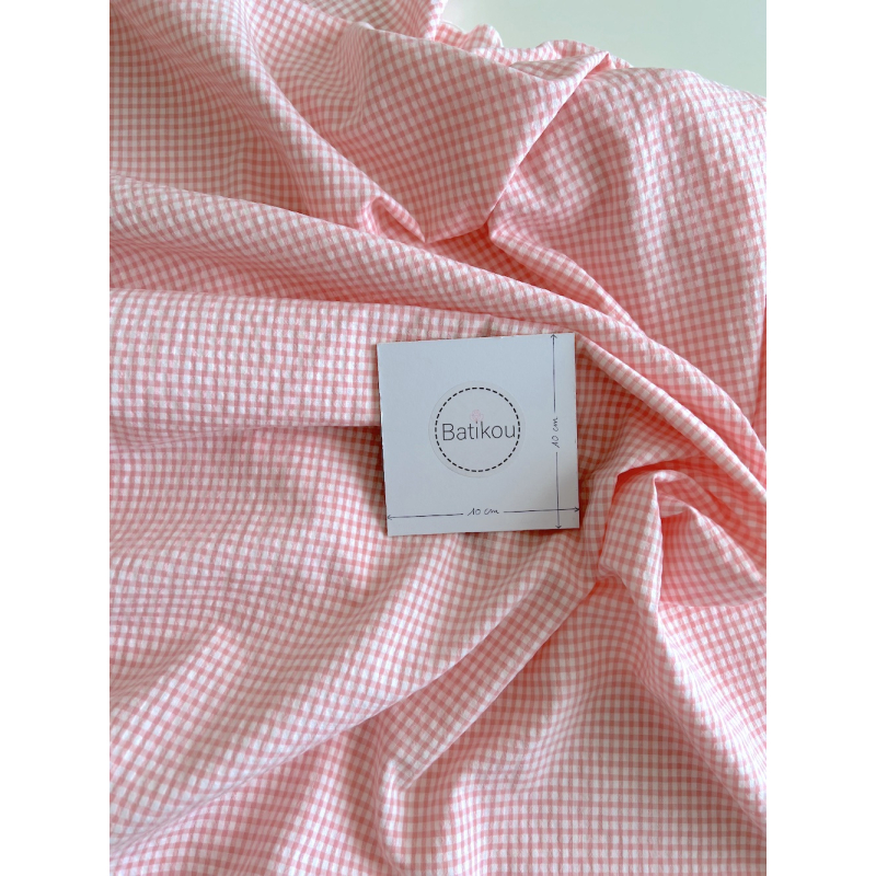 Seersucker / Coton gaufré vichy mini 3mm rose malabar / blanc