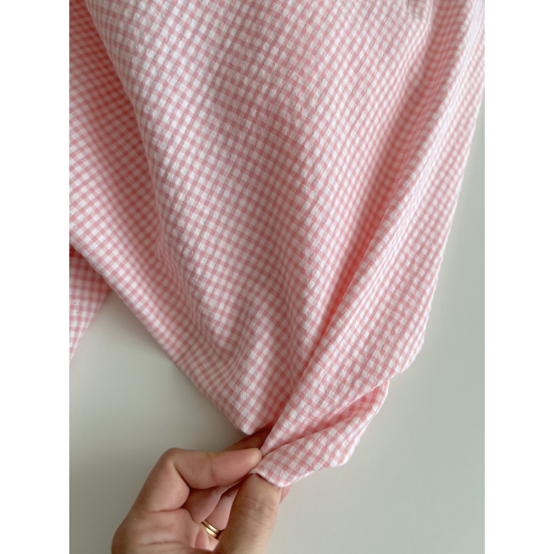 Seersucker / Coton gaufré vichy mini 3mm rose malabar / blanc