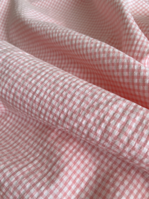 Seersucker / Coton gaufré vichy mini 3mm rose malabar / blanc