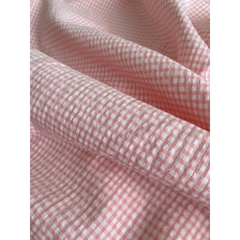 Seersucker / Coton gaufré vichy mini 3mm rose malabar / blanc