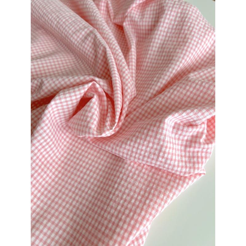 Seersucker / Coton gaufré vichy mini 3mm rose malabar / blanc