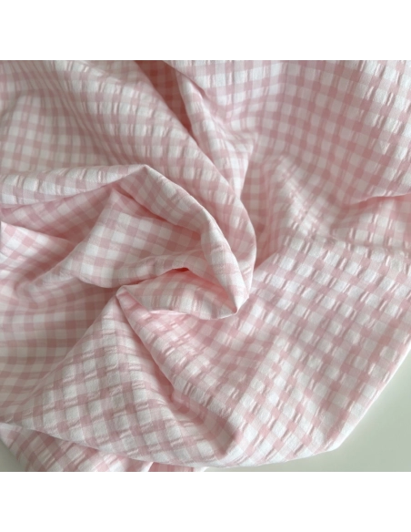 Seersucker / Coton gaufré vichy 6mm Rose dragée/ blanc