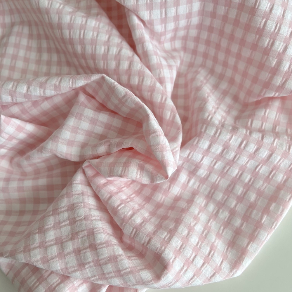 Seersucker / Coton gaufré vichy 6mm Rose dragée/ blanc