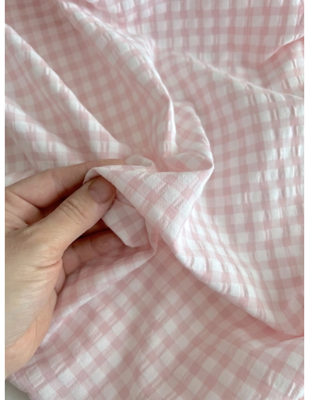 Seersucker / Coton gaufré vichy 6mm Rose dragée/ blanc