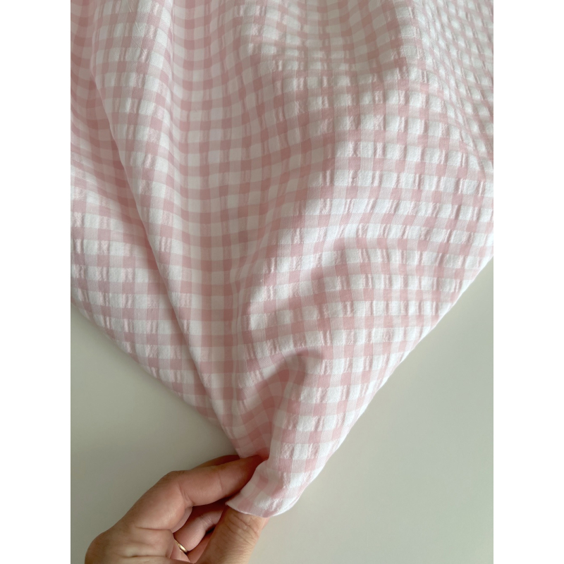 Seersucker / Coton gaufré vichy 6mm Rose dragée/ blanc